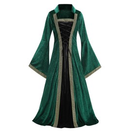 Colorful House Womens Velvet Medieval Costume Plus Size Long Sleeve Renaissance Fairy Dress Adult Dress Costumes（Stand Collar Black Green，XX-Large）
