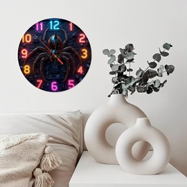 Giant Black Spider Wall Clock with Simulate LED Optical Effects Numbers10-Inch Wooden Wall Clock, Silent Movement, Battery Operated (AA Batteries Not Included), Artistic Home Decor