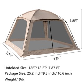ZONGTI 12x12 Ft Screen House Tent - Instant Pop Up Mesh Canopy Shelter with Waterproof & Sunshade Roof, Easy Setup for Camping, Backyard, Beach, Picnic