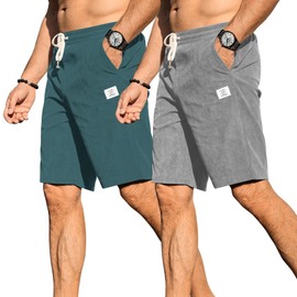 Mancozy 2 Pack Men's Corduroy Shorts Casual Elastic Waist Drawstring Shorts for Men Summer Beach Loose Fit, White Medium