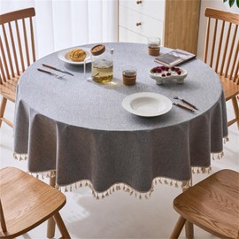 Linen Textured Round Tablecloth with Tassel - Waterproof Spill Proof Table Cover for Kitchen Dining Tabletop Decoration, Grey, Round - 48 inch