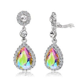 Gorgeous Austrian Crystal Rhinestone Clip on Earring Wedding Bridal Teardrop Drop Dangle Earrings (Clip on AB)
