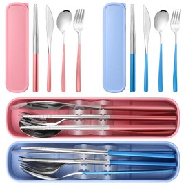 Kritkin 2 Sets Travel Cutlery Set 18/8 Stainless Steel Cutlery 6 Pcs Reusable Christmas Utensils Set with Case Portable Silverware Lunch Box for Camping School Office(Silver, Pink, Blue)