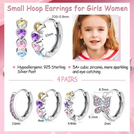 Kakonia 4Pairs Hypoallergenic Small Hoop Earrings - 925 Sterling Silver Post Huggie Hoop Earrings for Girls & Women - Cute Colorful Cubic Zirconia Cartilage Earrings For Sensitive Ears