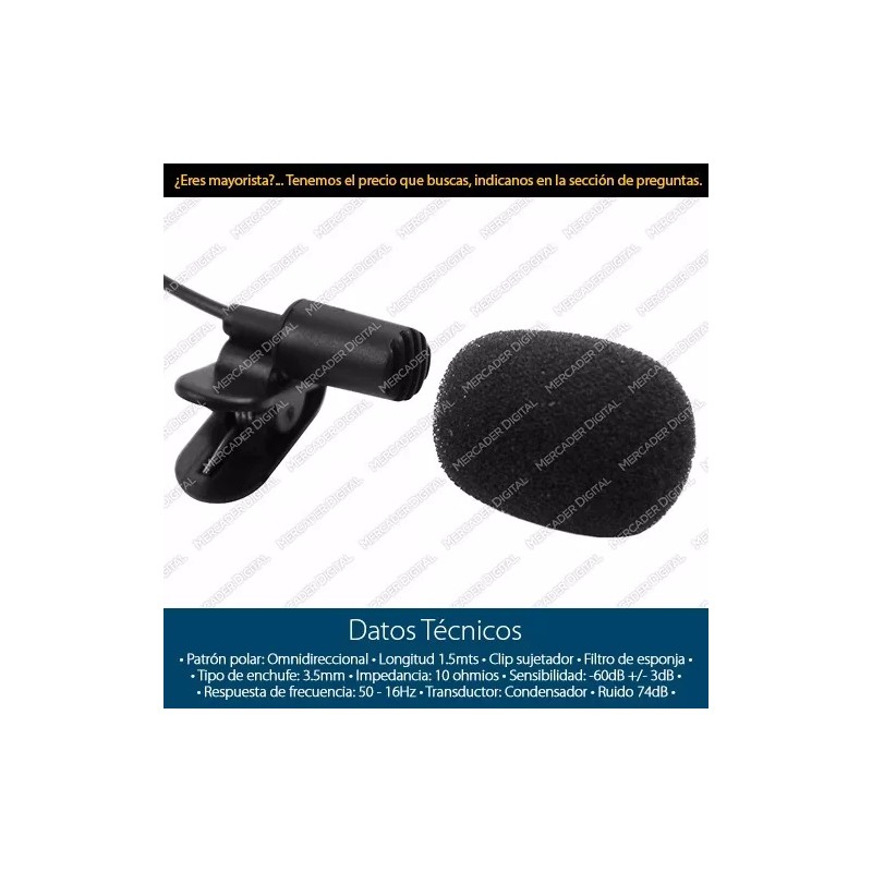 Mercader Digital Micrófono Lavalier Clip Para Solapa Jack 3.5mm