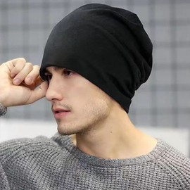 HXHWKEN 2pcs Beanie Hat for Men and Women Thin Slouch Beanie Hats Unisex Lightweight Jersey Skull Cap Breathable Long Beanie for All Seasons, Black and dark grey