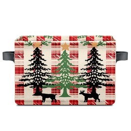 Foldable Storage Bin with Red Plaid and Christmas Tree Design Multi-Purpose Organizer for Clothes Toys Books and Decorations Space-Saving Storage Basket with Handles for Home and Holiday Décor