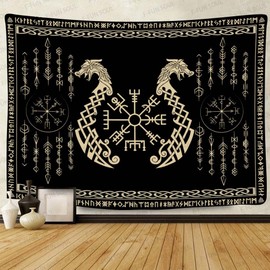 Nordic Vikings Tapestry, Large 80x60inches Soft Flannel, Vegvsir Symbol Twins Dragons Celtic Rune Scandinavian Aesthetic Mythology Tapestry Wall Hanging for Bedroom Living Room Decor GTZYFS1626