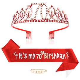 Maigendoo 70th Birthday Crown and Sash Princess Crown Queen Tiara Rhinestone Headbands Birthday Stuff Accessories Tiara and Sashes Decorations Set Girls 70 Years Old Party Supplies, Red