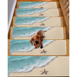 Stair Treads 8"x30"(15 pcs),Ocean Sandy Beach Starfish Indoor Stair Runners Carpet Stair Tread,Teal Foamy Wave Sea Shore Non-Slip Staircase Step Treads for Children,Elders,Pets
