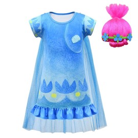 Lito Angels Poppy Trolls Dress Costume Fancy Dress with Pink Wig for Kids Girls Size 5-6 Years 116 Blue