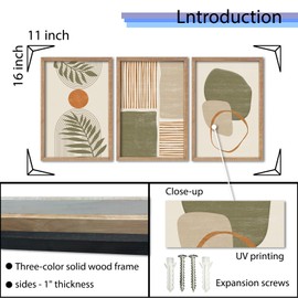 FZMHASLWW Boho Tropical Leaves Wall Decor Art 16"x11" Geometric Green Wood Framed Set Of 3 Abstract Print for Bedroom Office Hanging (Wood)