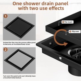 BAOTIYA 4 Inch Square Black Shower Drain Kit with Flange & Hair Catcher & Lifting Hook, Modern Floor Drain with 2-in-1 Cover Tiled Insert Grate, Stainless Steel SUS 304 (Matte Black, 4 Inch)