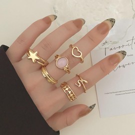 ZZ ZINFANDEL 6PCS Gold Snake Heart Star Stackable Ring Sets for Women,Gold Plated Chunky Finger Rings,Stacking Rings Set,Adjustable Open Hollow Styles Rings (Gold)