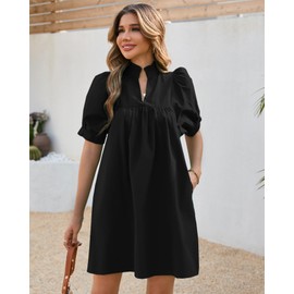 YEXPINE Women's Ruffle Collar High Neck Mini Dress Puff Short Sleeve Cotton Babydoll Peplum Dresses with Pockets Black