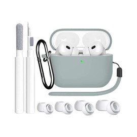 Alomia Funda de Silicona para AirPods Pro 2. Estuche Modelo 4en1. con Kit de Limpieza y almohadilas de Repuesto. Funda de Silicona a Prueba de Golpes. Incluye mosqueton y Correa de Silicona. (Gris)