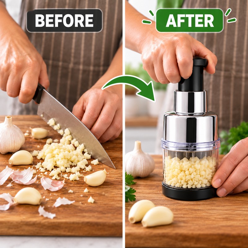 Manual Food Chopper with Storage Container – Hand Press Garlic,
