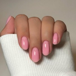 Baby Pink Press on Nails Short Oval, SXVME Solid Color Acrylic Fake Nail Short Round, Pink False Nail Press ons Handmade of Gel, Natural Full Cover Glue on Nails For Women Daily Wear 24Pcs