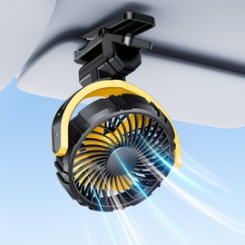 xuenair Car Fan Battery Powered Visor Back Seat Roof Handles, Portable Clip On Fan for Car Rechargeable for SUV Van RV Pickup Truck Camping Desk Bed Stroller Baby Crib, Quiet 360 Rotation(Yellow)