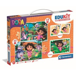 Clementoni Edukit 4-in-1 Dora Game Collection for Preschool Children from 3 Years - Includes 2 Puzzles, Memo Game & Cube Puzzle, 18209