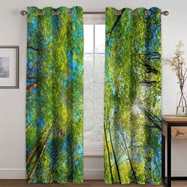 ANAZOZ Large Curtain Eyelets,2 x 34W x 63H IN,2 Panel Sets Curtain for Bedroom Blackout Trees and Sky Landscape Curtains Blue Green Living Room