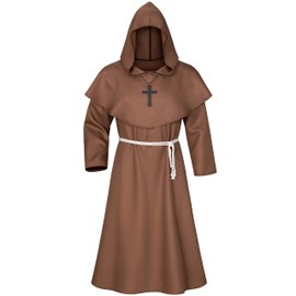 TOKYO REVENGERS Medieval Renaissance Monk Friar Priest Wizard Cloak Hooded Robe Cosplay Belt Necklace Set(Brown M)