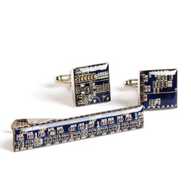 Unique Cufflinks and Tie Clip set, recycled circuit board jewelry for men (Dark blue)