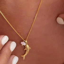 Boho Blue Beaded Fish Necklace for Women Ocean Blue Crystal Sardine Pendant Necklace Adjustable Gold Shark Pendant Necklaces Trendy Summer Ocean Beach Jewelry Gifts, Large, Stainless Steel, No