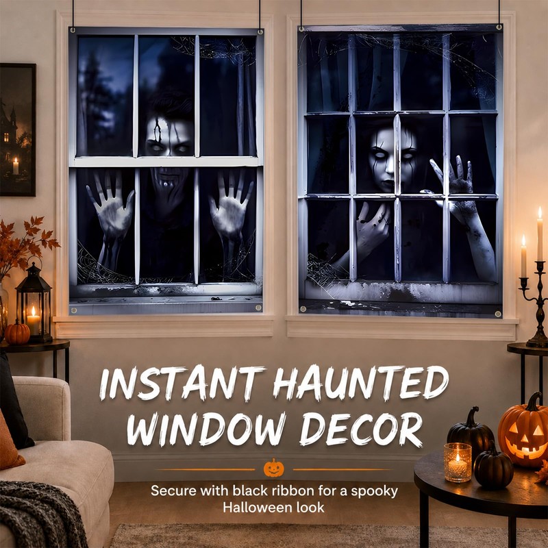 2Pcs Halloween Ghost Window Curtain Cover, Scary Halloween Decorations