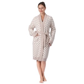 bearberry Checkerboard Robe Cozy Lightweight Soft Plush Robe Hoodless Sleepwear Nightgown with Pockets for Women (Stone/Cream)