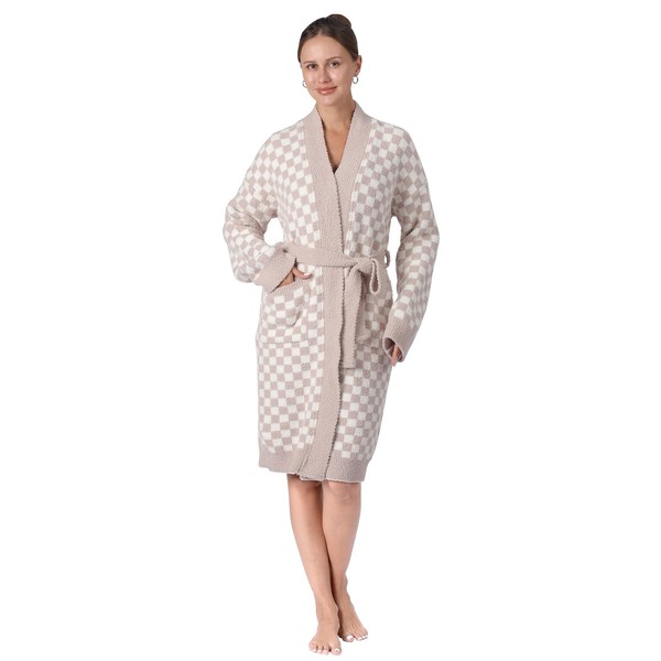 bearberry Checkerboard Robe Cozy Lightweight Soft Plush Robe Hoodless Sleepwear