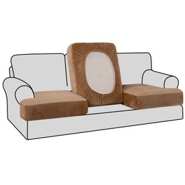 H.VERSAILTEX Stretch Velvet 3 Piece T Cushion Sofa Slipcovers Individually Sofa Cushion Covers for 3 Cushion Couch Seat Cushion Covers for Sofa Seat Cushion Covers Stay with Elastic Bands, Camel