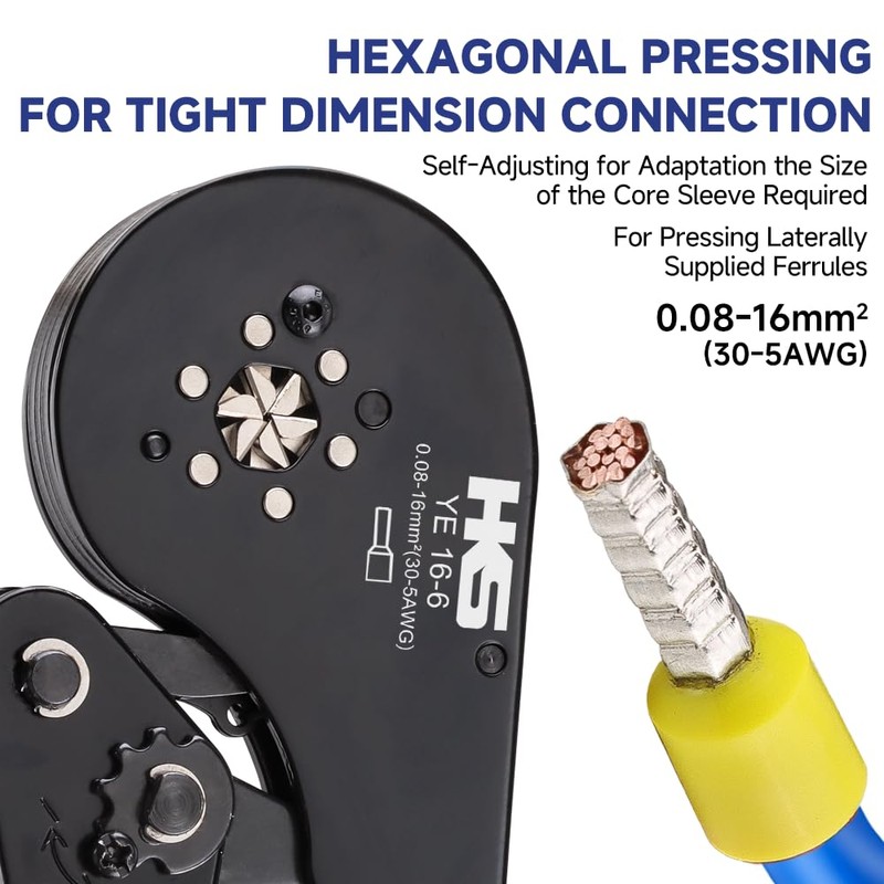 HKS Ferrule Crimping Tool AWG 30-5, Hexagonal Self-Adjusting Ratchet Crimper