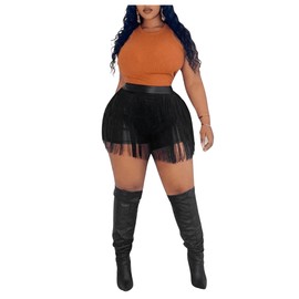 Floerns Women's Plus Size Tassel Trim PU Leather High Waist Straight Leg Mini Shorts Black 1XL