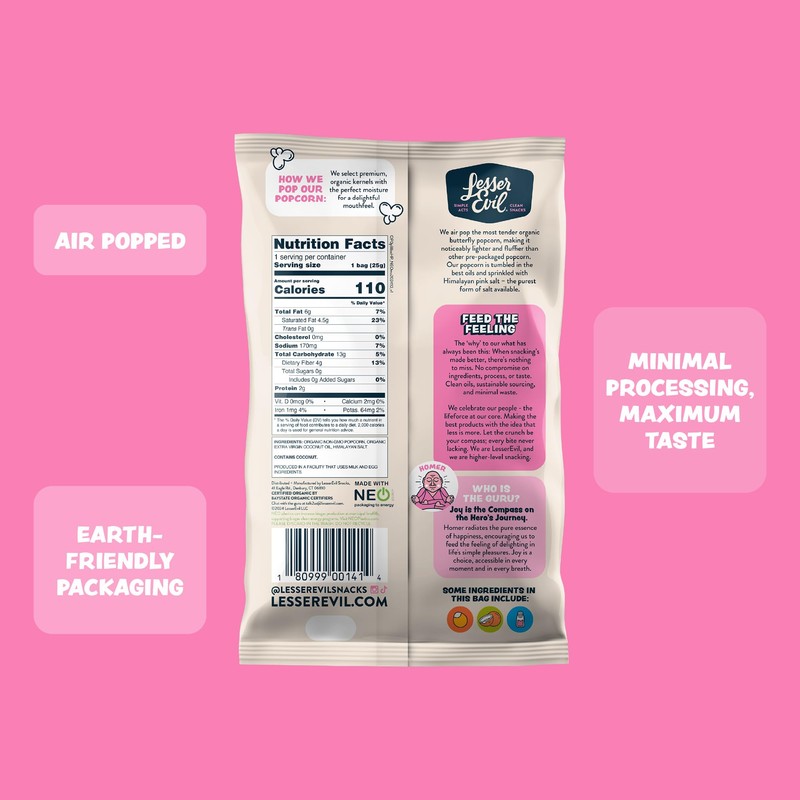 LesserEvil Himalayan Pink Salt Organic Popcorn, Premium Quality, Minimally Processed,