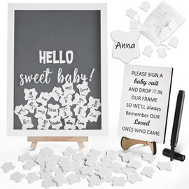 Baby Shower Guest Book Alternatives Set Hello Sweet Baby wooden Token Frame Keepsake for 70 Guests Little Wishes Signature Memory Book Alternatives Decor with Welcome Sign & Bodysuit Wood Slices