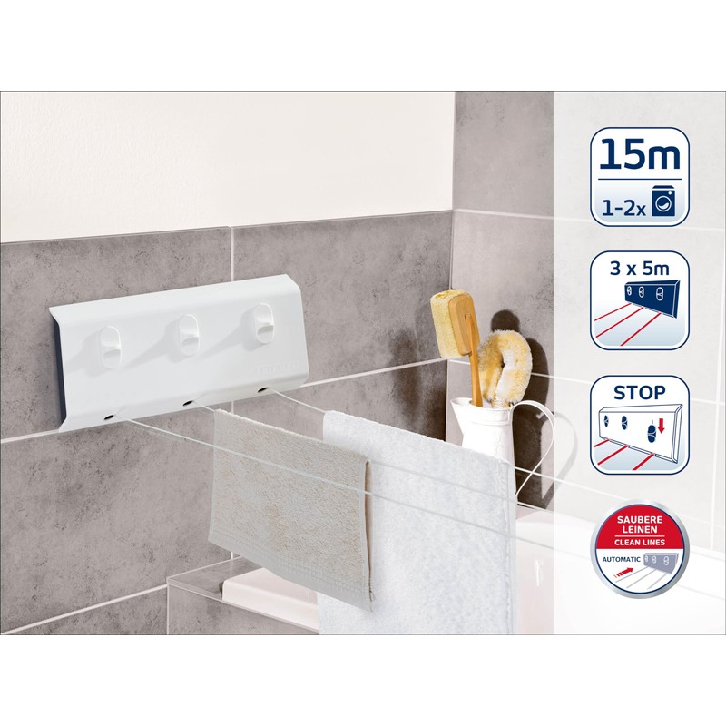Leifheit Wall Dryer, Rollfix Triple Longline Washing Line, Retractable Clothes