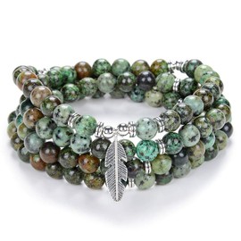 Inspirational Yoga Bead Bracelet 108 Mala Stone Necklace with Dainty Lucky Feather Pendant, Stone, Turquoise