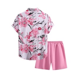 BEAUDRM Men's Plus Size 2 Pieces Outfit Floral Print Button Down Shirt and Drawstring Waist Shorts Sets Pink 5XL