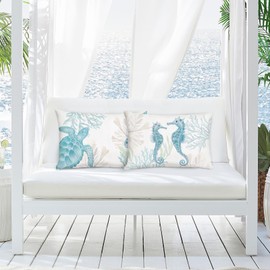 Bonhause Ocean Coastal Cushion Covers 30 x 50 cm Seahorse Sea Turtle Decorative Throw Pillow Covers for Sofa Couch Bed Patio Home Seaside Decor Set of 2