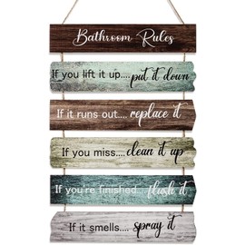 UBTKEY Bathroom Rules Bathroom Wall Decor, Wooden Rustic Bathroom Decor Wall Art Funny Bathroom Signs Pictures Decor Hanging for Farmhouse Toilet Guest Bathroom Decorations, 11.8 x 17.5 Inch