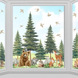 Whaline 6 Sheets Spring Forest Window Cling Stickers Watercolor Mountain Tree Animal Window Decals Large Reusable Window Decoration for Party Home Office Classroom