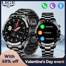LIGE large disc steel band smart watch with exercise and sleep detection, wireless calls and long standby Wearable multiple sport wireless answer - Color: Black mesh belt