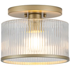 Zlepmlla Glass Ceiling Light, Clear Ribbed Glass Ceiling Light Fixture with Gold Metal Frame, Modern Semi Flush Mount Ceiling Light for Hallway,Entryway, Bedroom, Bathroom, Kitchen