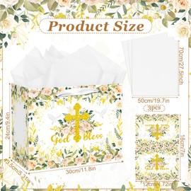 First Holy Communion Gift Bag for Girls Boys White Gold Cross Gift Bag with Tissue Paper and Cards Baptism Gift Wrapping God Bless Paper Bag Bag for Christenings Confirmations Religious Wedding Gift