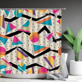 WANVYON 80s Shower Curtain Retro Memphis Fashion Style Geometric Abstract Colorful Design Polka Dot Trendy Half Moon Triangle Artwork Bath Decor Polyester with Hook