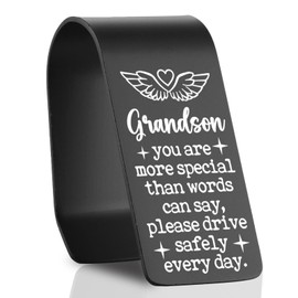 Grandson Drive Safe Car Visor Clip, Stainless Steel Laser Engraved Inspirational, Loving Message Auto Accessory for Driver-DZYB25
