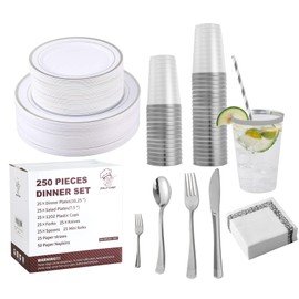 250 Count Silver Disposable Plastic Dinnerware Set, 50 Silver Plastic Plates, 25 Plastic Silverware, 25 Silver Cups and Straws, 50 Napkins, Perfect for Wedding Party