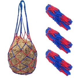 WEISGJA 3 PCS Slow Feed Hay Bag Hay Net for Horses,Goats,Sheep,Donkey 33 Inch Length with 3 x 3”Mesh Holes Livestock Supplies Hanging Hay Nets for Trailer and Stall (Blue+Red)