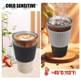 FINTHECH Black Glass Cups with Lid and Straw, 16 oz Glass Coffee Cup,Reusable with Temperature Sensitive Silicone Sleeve and Silicone Straw .Iced Coffee Cup for Juice, Milk Tea and Smoothie.